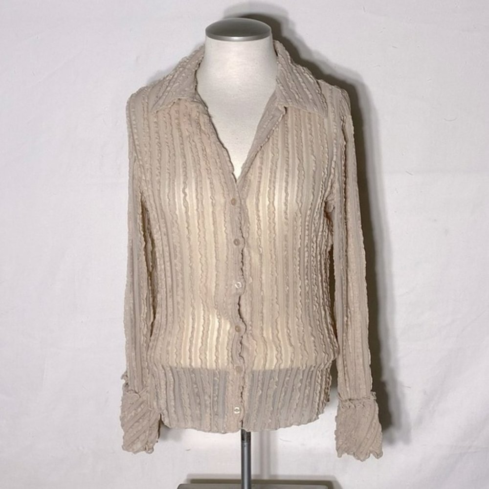 Vintage Y2K Guess Jeans Beige Ruffle Semi Sheer Button Up Blouse M